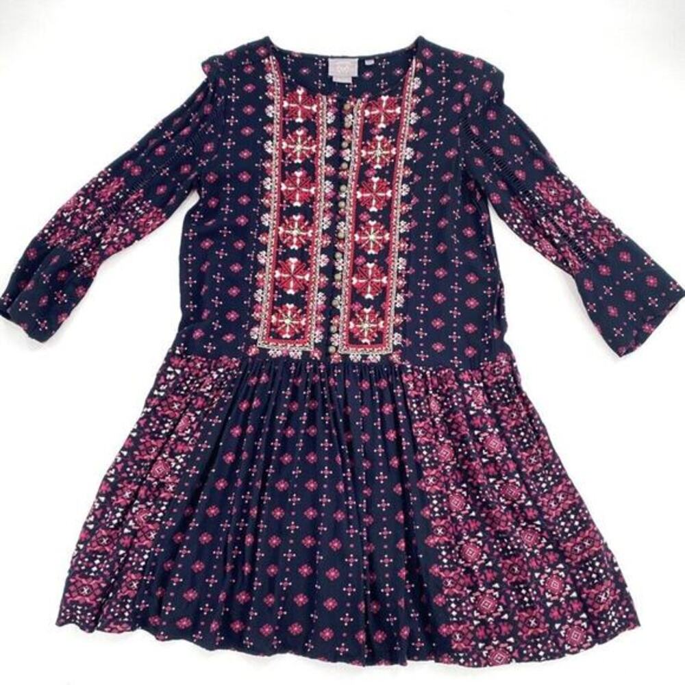 Anthropologie Vanessa Virginia Kaleidoscope Embroidered Tunic Dress Blue Red‎ XS